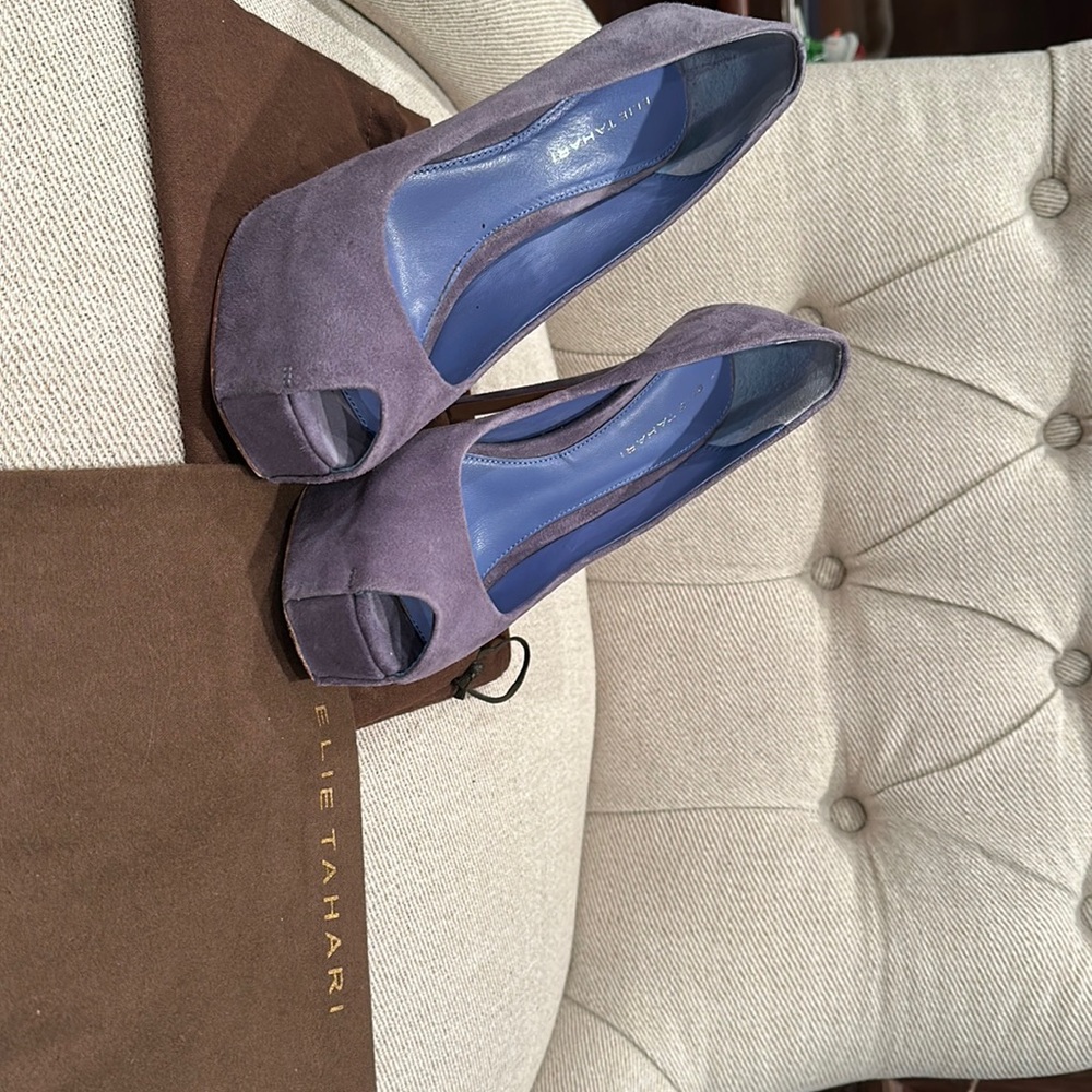 Elie Tahari smoke purple platform peep-toe pumps.